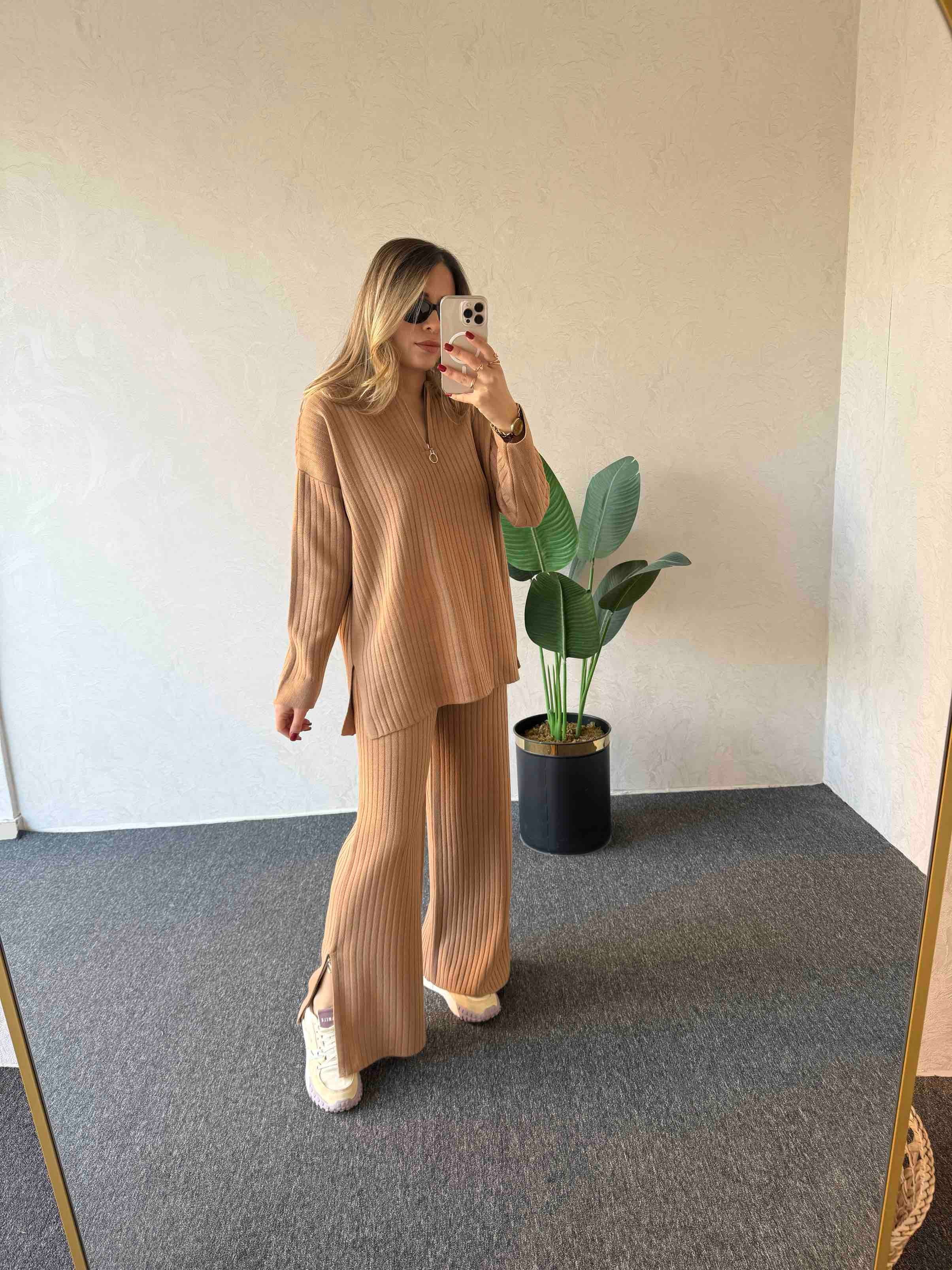 Yaka Paça Fermuar Triko Camel - 1074