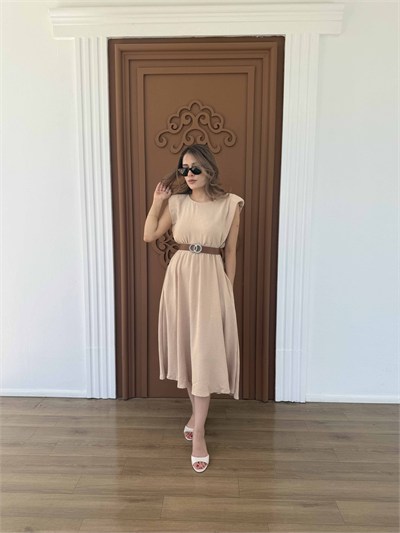  Kemerli Ayrobin Elbise Bej - 1047