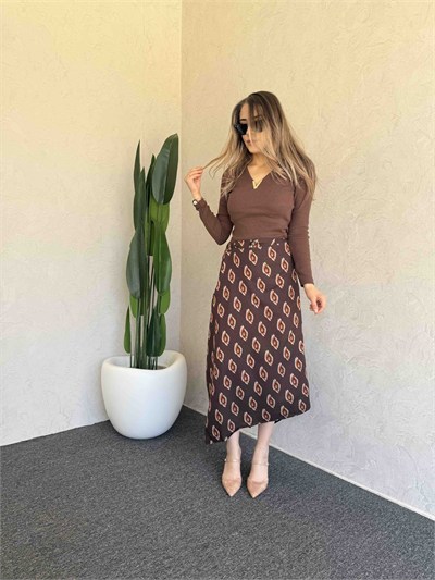 Alina Düğmeli Midi Etek Kahverengi - 1105