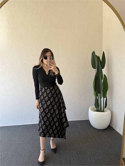 Alina Düğmeli Midi Etek Siyah - 1105