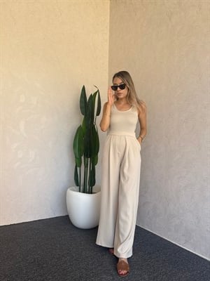 Askılı Çift Kumaş Tulum Bej - 1127