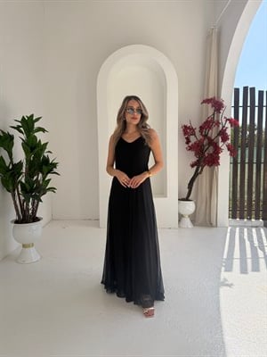 Askılı Tül Elbise Siyah - 1131