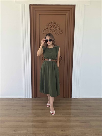 Ayrobin Kemerli Elbise Haki - 1047