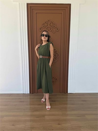 Ayrobin Kemerli Elbise Haki - 1047