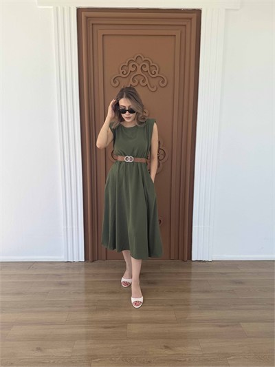 Ayrobin Kemerli Elbise Haki - 1047