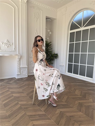 Çiçekli Kare Yaka Elbise Ekru - 1115