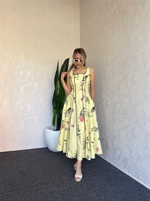 Çiçekli Kare Yaka Elbise Sarı - 1115