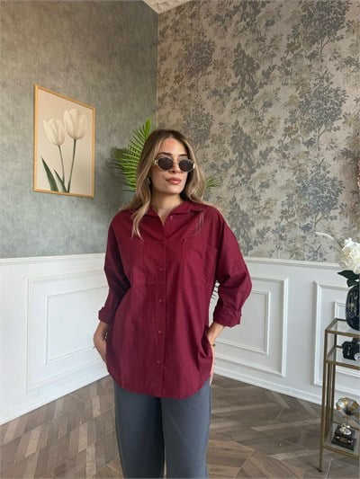 Çift Cepli Keten Gömlek Bordo - 1134 