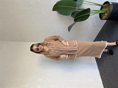Düğmeli Triko Ceket Elbise Takım Camel-102
