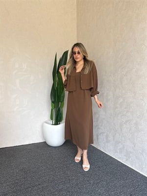 Gömlekli İp Askı Tensel Elbise Kahverengi - 1054