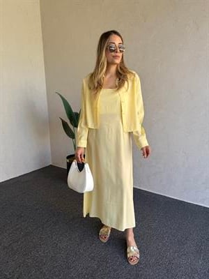 Gömlekli İp Askı Tensel Elbise Sarı -1054