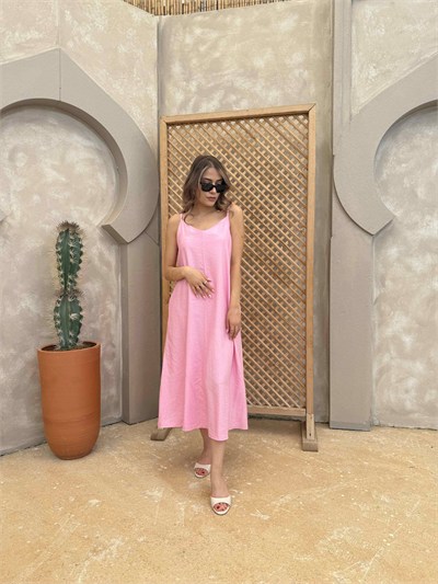 İp Askı Çilek Keten Elbise Pembe - 1049