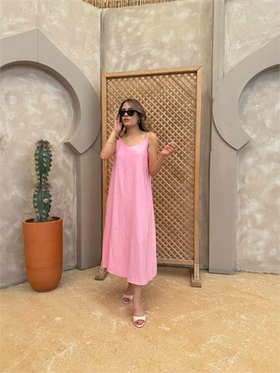 İp Askı Çilek Keten Elbise Pembe - 1049