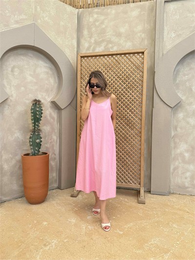 İp Askı Çilek Keten Elbise Pembe - 1049