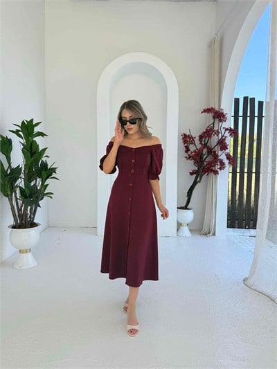 Kayık Yaka Modal Elbise Bordo - 1118