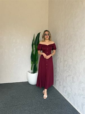 Kayık Yaka Modal Elbise Bordo - 1118