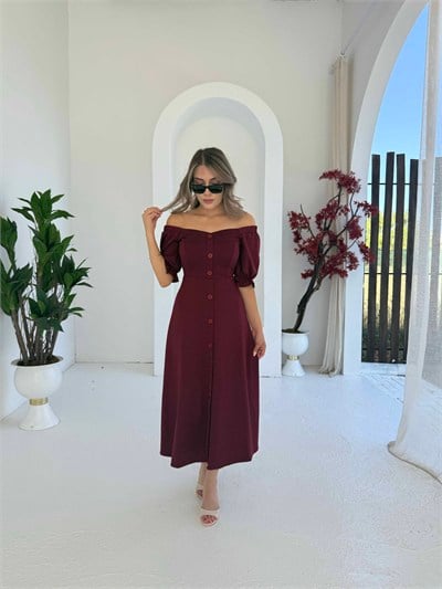 Kayık Yaka Modal Elbise Bordo - 1118