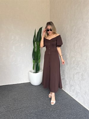 Kayık Yaka Modal Elbise Kahverengi - 1118