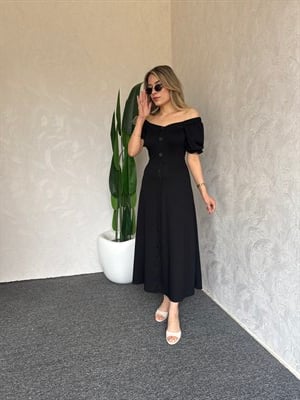 Kayık Yaka Modal Elbise Siyah - 1118