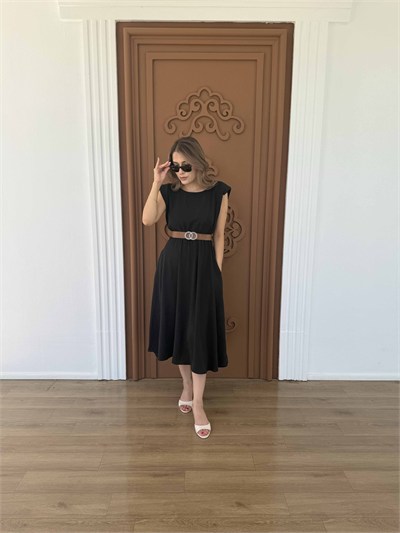Kemerli Ayrobin Elbise Siyah - 1047