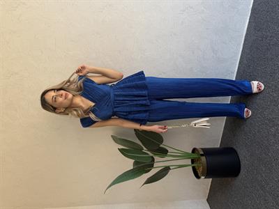 Pliseli Kolsuz Takım Saks Mavi - 1057