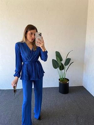 Pliseli Kruvaze Takım Saks Mavisi - 1018