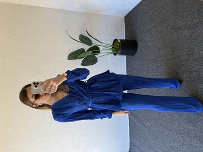 Pliseli Kruvaze Takım Saks Mavisi - 1018