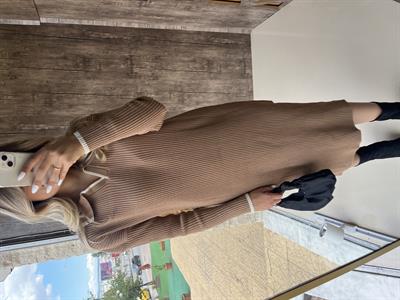 Polo Yaka Midi Triko Elbise Camel - 1064