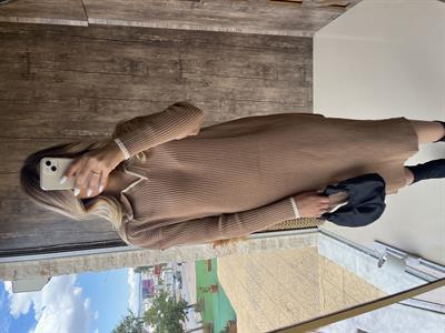 Polo Yaka Midi Triko Elbise Camel - 1064
