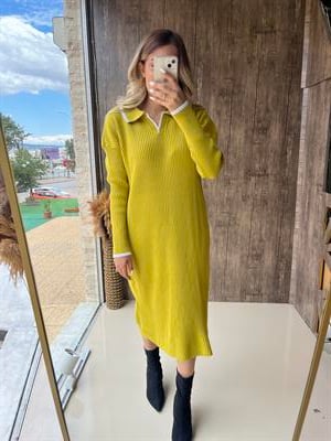 Polo Yaka Midi Triko Elbise Yağ Yeşili - 1064