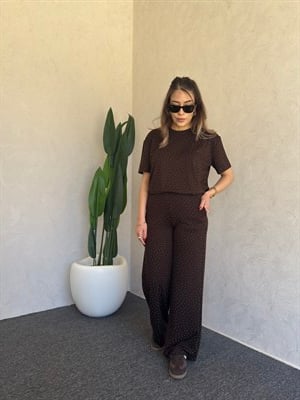 Taşlı İkili Modal Takım Kahverengi - 1114