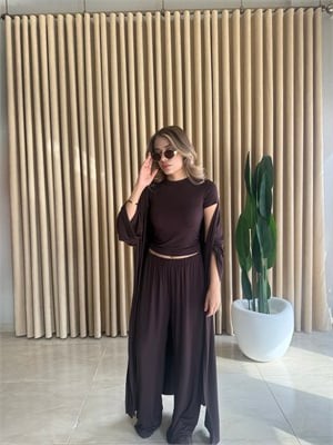 Üçlü Kimono Takım Kahverengi - 1135
