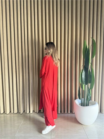 Üçlü Uzun Kimono Takım Kırmızı - 1138