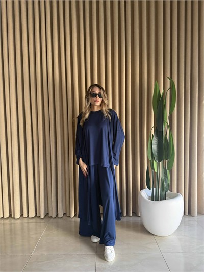 Üçlü Uzun Kimono Takım Lacivert - 1138