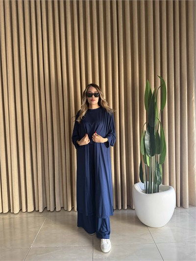 Üçlü Uzun Kimono Takım Lacivert - 1138
