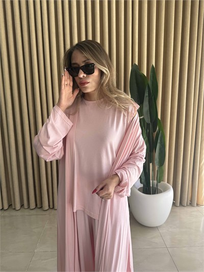 Üçlü Uzun Kimono Takım Pudra - 1138