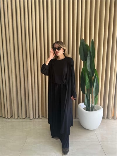 Üçlü Uzun Kimono Takım Siyah - 1138