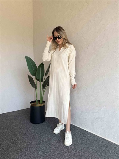 Uzun Kol Basic Elbise Ekru - 1064