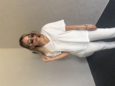 V Yaka Basic Tshirt Beyaz - 1124