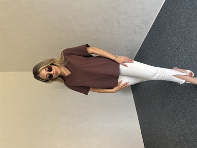 V Yaka Basic Tshirt Kahverengi - 1124
