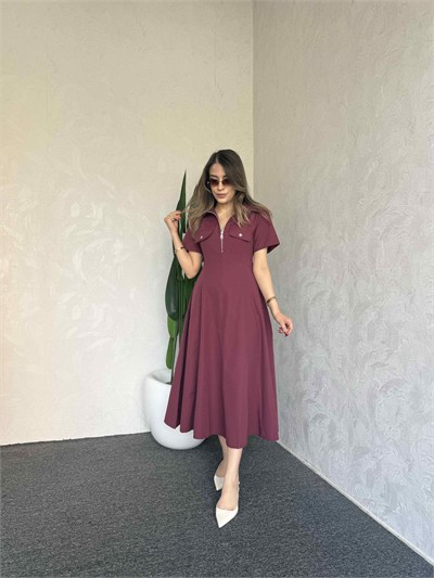 Yaka Fermuar Detay Elbise Bordo - 1116