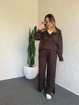 Yaka Paça Çıt Çıt Detay Takım Kahverengi - 1103