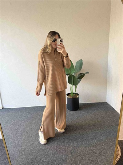 Yaka Paça Fermuar Triko Camel - 1074