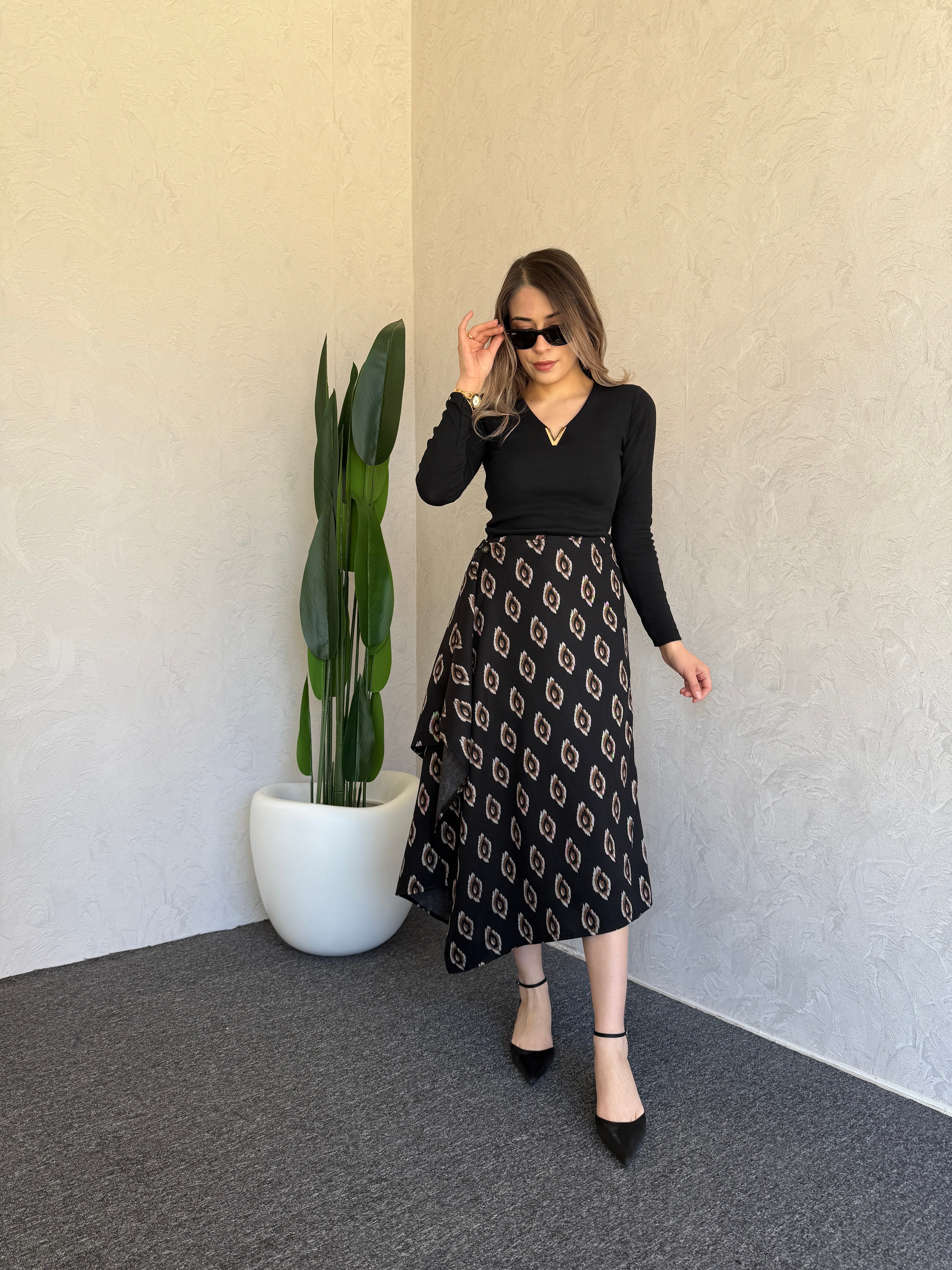 Alina Düğmeli Midi Etek Siyah - 1105