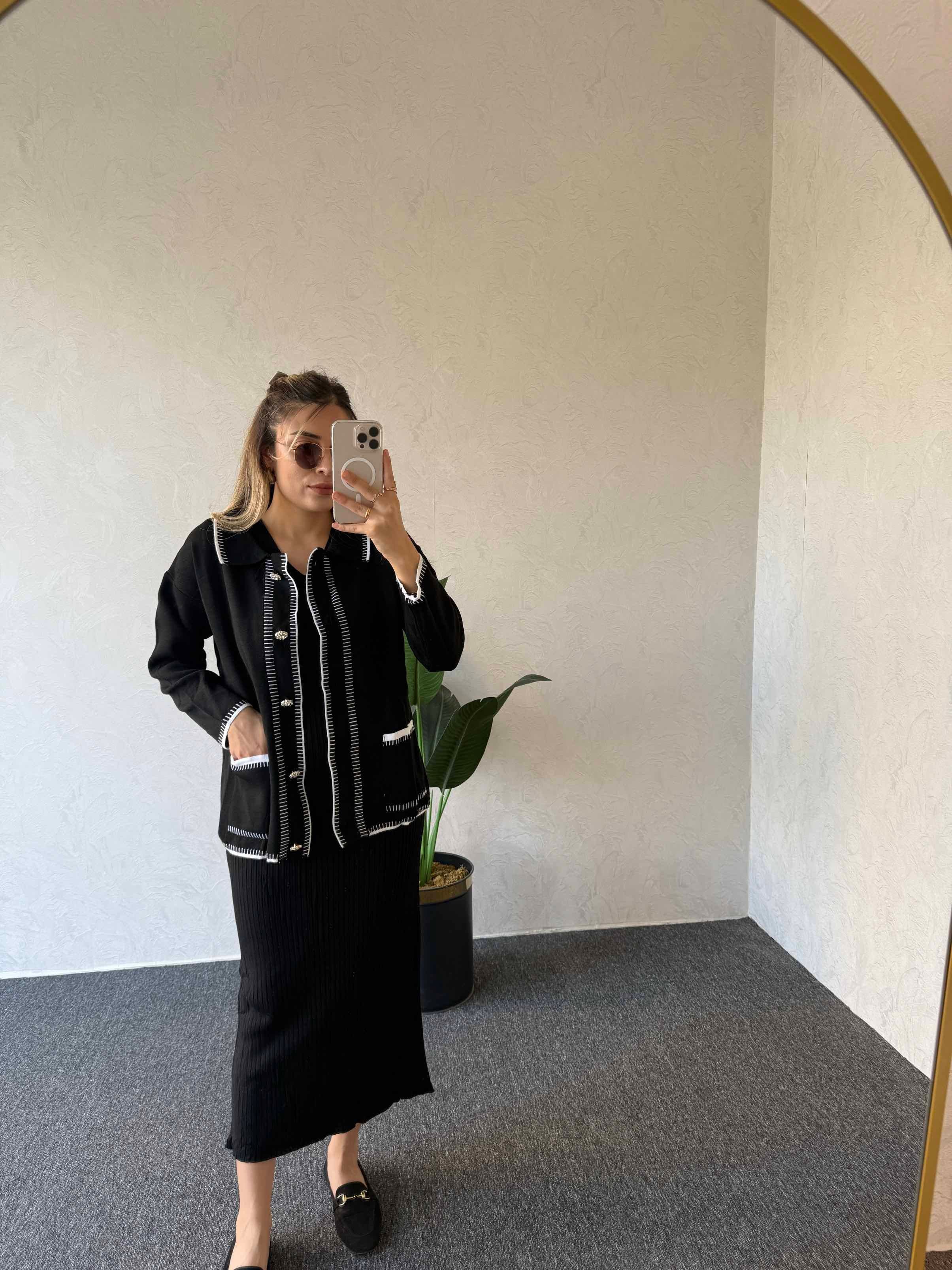 Düğmeli Triko Ceket Elbise Takım Siyah-102