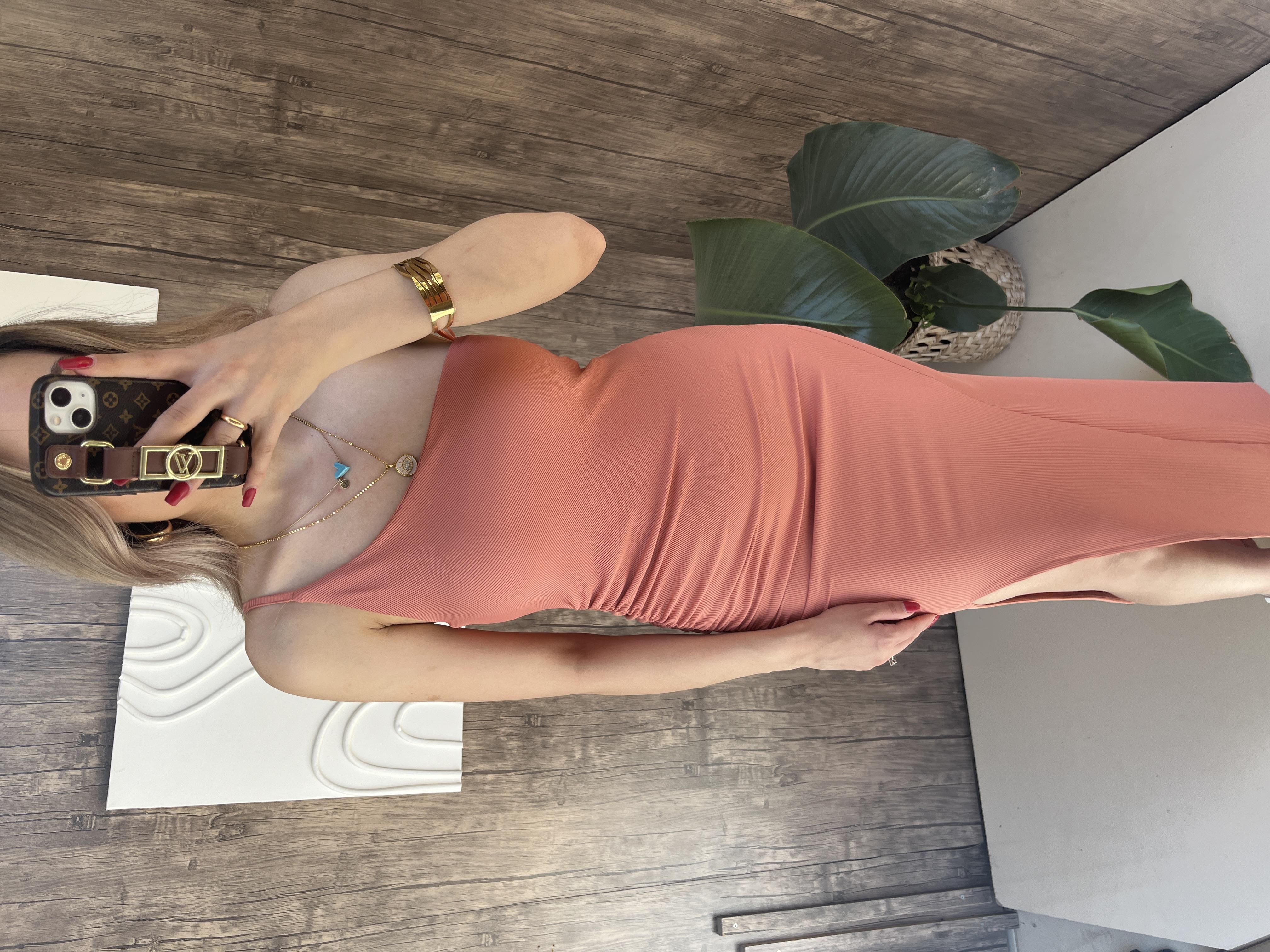 Fitilli Yırtmaçlı Elbise Somon