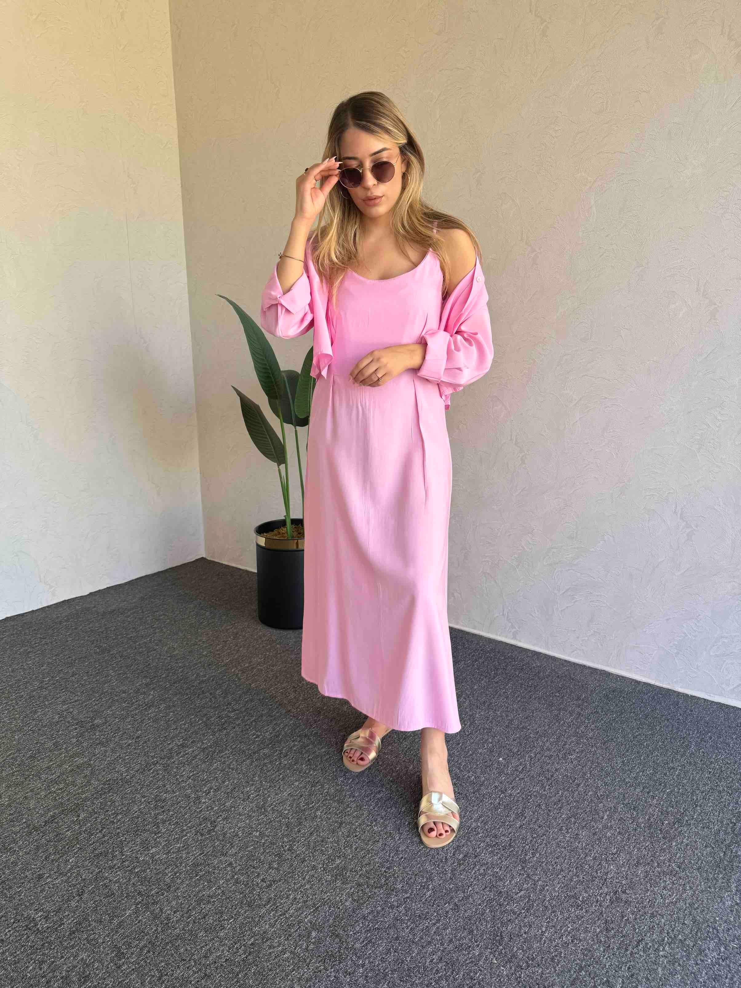 Gömlekli İp Askı Tensel Elbise Pembe - 1054