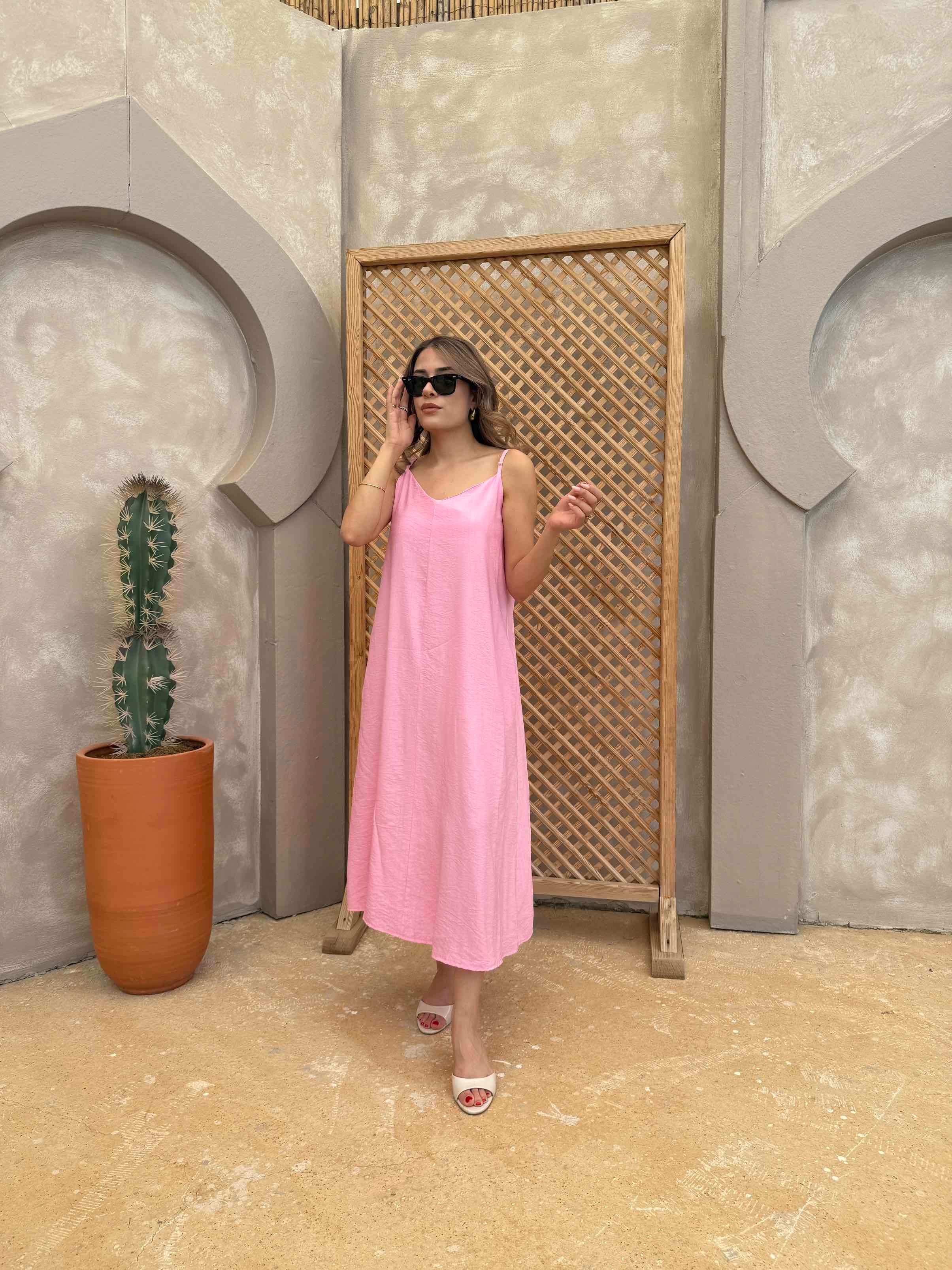 İp Askı Çilek Keten Elbise Pembe - 1049
