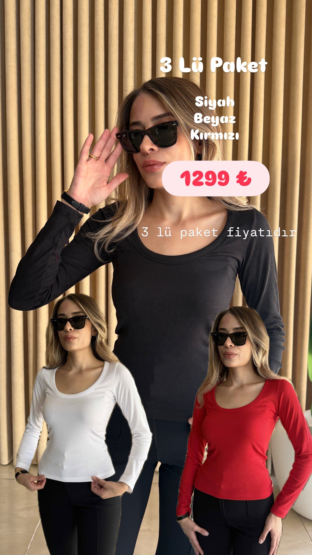 Kaşkorse U Yaka Bluz 3 lü Paket -1141