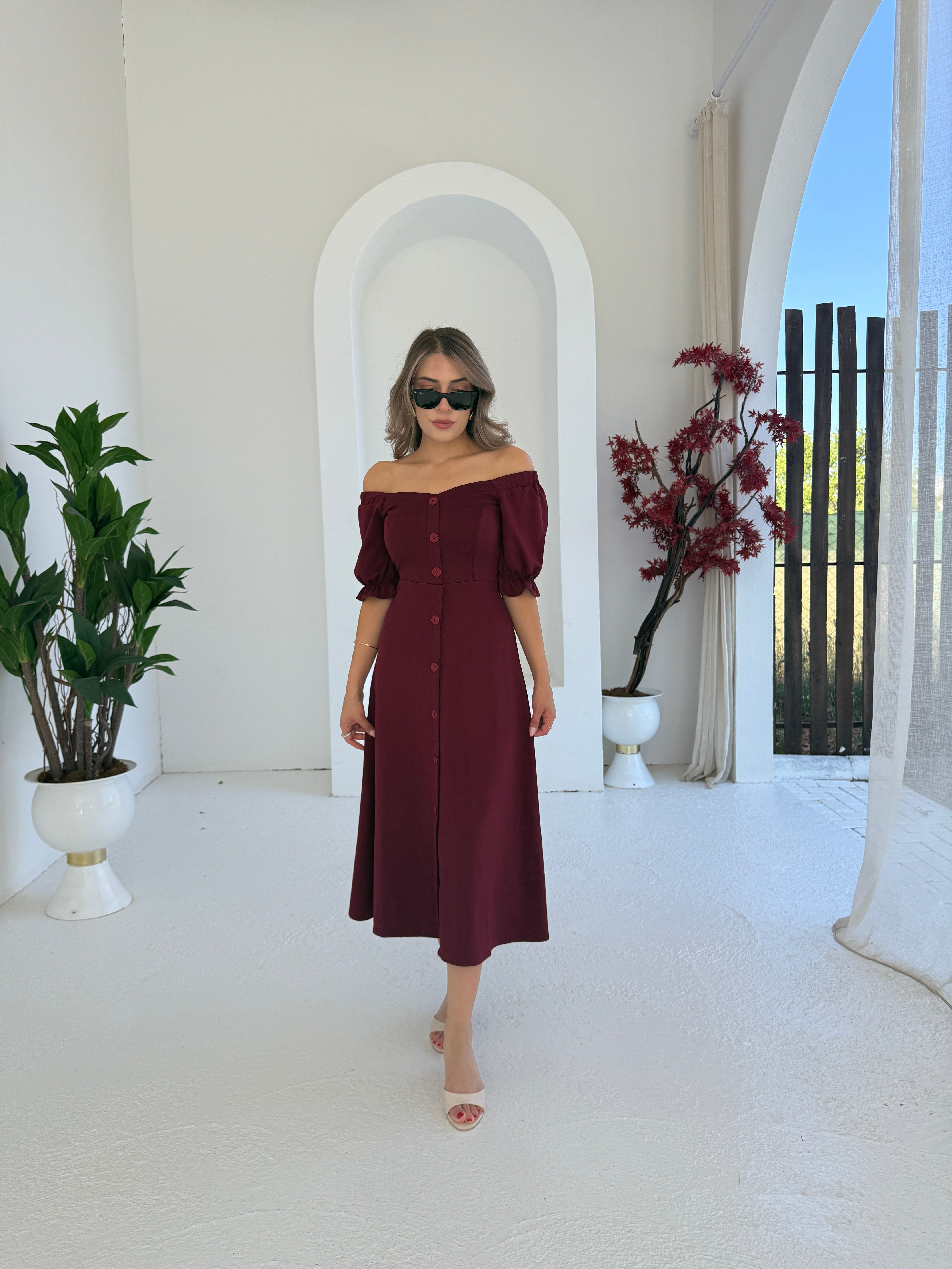 Kayık Yaka Modal Elbise Bordo - 1118
